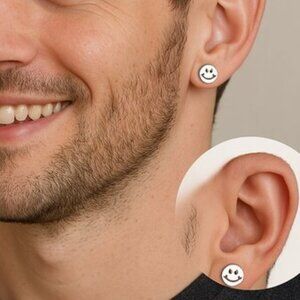 Smiley Face Stud Earrings Round Silver Tone One Size New